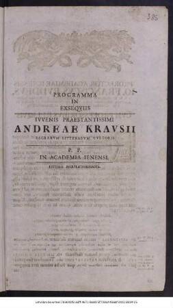 Programma in Exseqviis Ivvenis Praestantissimi Andreae Kravsii Sacrarvm Litterarvm Cvltoris : P. P. In Academia Ienensi