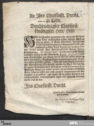 An Ihro Churfürstl. Durchl. zu Cölln...