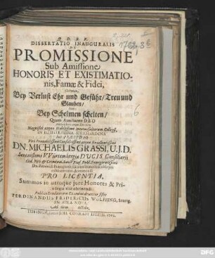 Dissertatio Inauguralis De Promissione Sub Amissione Honoris Et Existimationis, Famæ & Fidei, German.