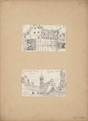Reiseskizzen aus Österreich, Deutschland und Italien: Augsburg: Klinkerberggaße (Perspektivische Ansicht), Details Dom, Heiligkreuzkirchen (Perspektivische Ansichten)