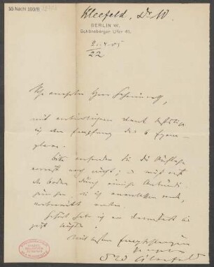 Brief an Ludwig Strecker  und B. Schott's Söhne : 21.04.1905