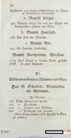 IV. Bildhauerarbeiten in Marmor und Gips/Sculptures en marbre et en plâtre