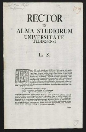 Rector In Alma Studiorum Universitate Tubingensi L. S.
