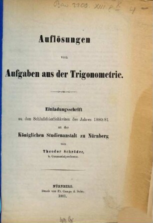 Auflösungen von Aufgaben aus der Trigonometrie, 1