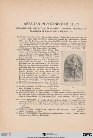 Arbeiten in Solenhofer Stein. Bergkristall, Speckstein, Alabaster, Elfenbein, Perlmutter, Plastiken in Wachs und Papiermaché (Nr. 98-131)