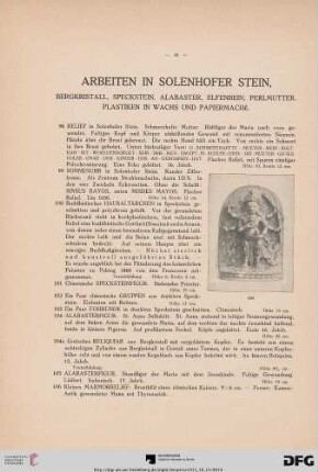 Arbeiten in Solenhofer Stein. Bergkristall, Speckstein, Alabaster, Elfenbein, Perlmutter, Plastiken in Wachs und Papiermaché (Nr. 98-131)