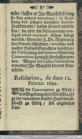 Resolution, de dato 12. Februar. 1682