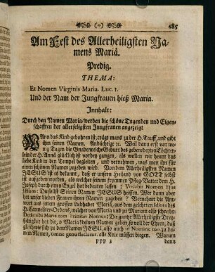 485-491, Am Fest des Allerheiligsten Namens Maria. Predig