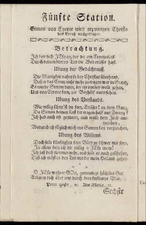 Fünfte Station. Simon von Cyrene wird gezwungen Christo das Creutz nachzutragen.
