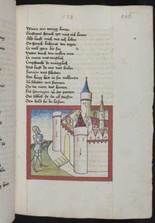 Tristrant bittet vor der Burg Karahes König Heffelin um Aufnahme.