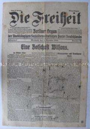Tageszeitung der USPD Berlin "Die Freiheit" u.a. zu den bevorstehenden Friedensverhandlungen