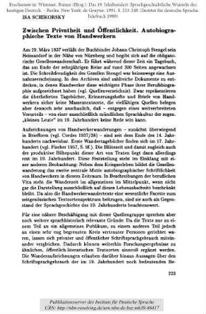 Zwischen Privatheit und Öffentlichkeit. Autobiographische Texte von Handwerkern