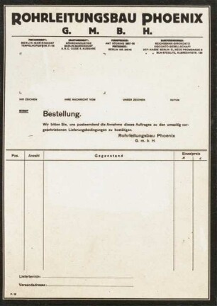 Bestellung. Briefkopf der Rohrleitungsbau Phoenix GmbH