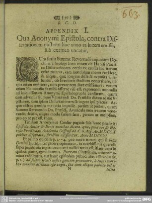 Appendix I. Qua Anonymi Epistola, contra Dissertationem nostram hoc anno in lucem emissa, sub examen vocatur