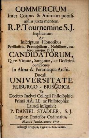 Commercium inter corpus et animam potissimum iuxta mentem R. P. Tournemine S. J. explicatum
