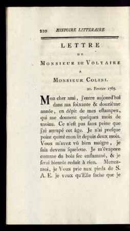 [Lettre de Monsieur de Voltaire a Monsieur Colini.]