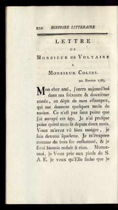 [Lettre de Monsieur de Voltaire a Monsieur Colini.]