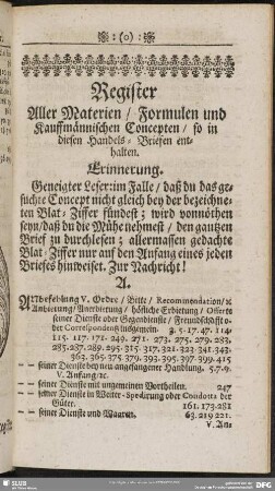 Register Aller Meterien, Formulen und Kauffmännischen Concepten, so in diesen Handels-Briefen enthalten
