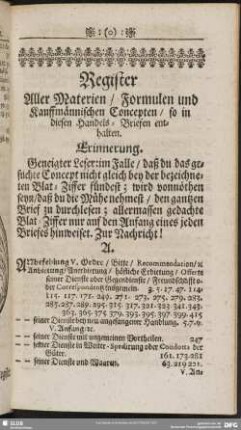Register Aller Meterien, Formulen und Kauffmännischen Concepten, so in diesen Handels-Briefen enthalten