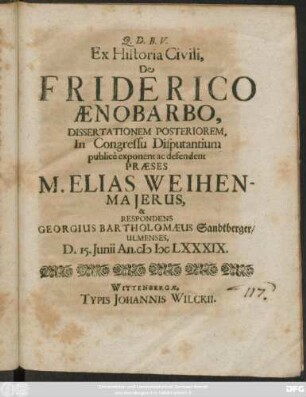 Ex Historia Civili, De Friderico Aenobarbo, Dissertationem Posteriorem