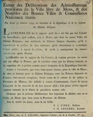 Extrait des Deliberations des Administrateurs provisoires de la Ville libre de Mons, & des Notables des Bonnes Villes & Commissaires Nationaux reunis