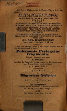 Bibliotheca auctorum classicorum et Graecorum et Latinorum : oder Verzeichniß derjenigen Ausgaben u. Uebersetz. griech. u. röm. Schriftstell. nebst d. Erläuterungsschriften derselben, welche vom Jahre 1700 - Mitte des J. 1839 in Dtschl. u. d. angränz. Ländern erschienen sind. Supplement-Heft ..., [1]. Literatur vom Jahre 1830 bis Mitte 1839