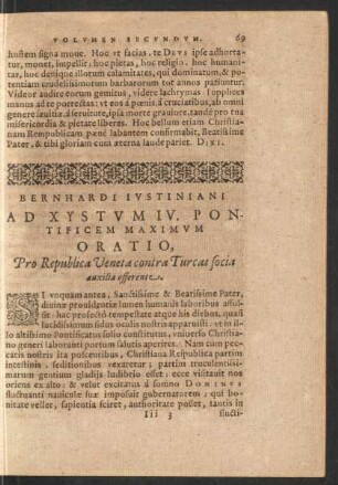 Bernhardi Iustiniani Ad Xystum IV. Pontificem Maximum Oratio ...