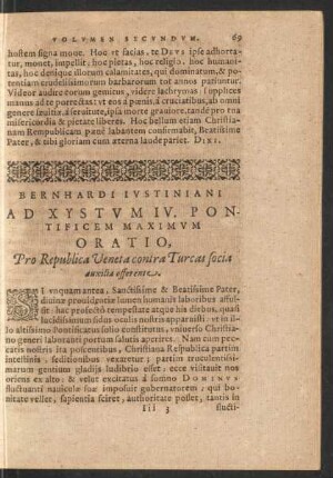 Bernhardi Iustiniani Ad Xystum IV. Pontificem Maximum Oratio ...