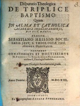 Disputatio Theologica De Triplice Baptismo