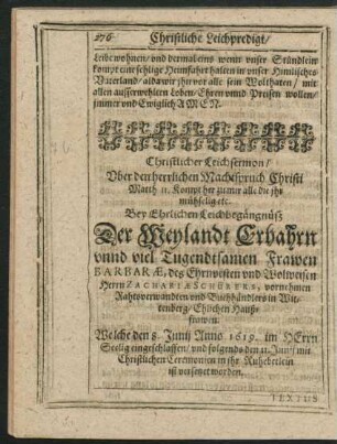 Christlicher Leichsermon ... Frawen Barbarae, des Ehrnvesten und Wolweisen Herrn Zachariae Schürers ...Ehlichen Haußfrawen ...