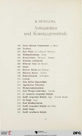 II. Abteilung. Antiquitäten und Kunstgegenstände (Nr. 199-663)