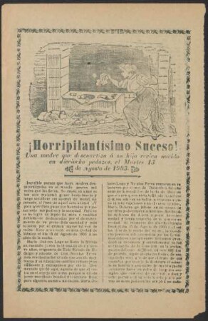 ¡Horripilantísimo suceso! : una madre que descurtiza á su hijo recien nacido en dieciocho pedazos, el Martes 15 de agosto de 1903.