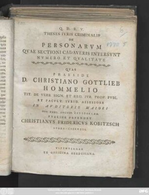 Theses Ivris Criminalis De Personarvm Qvae Sectioni Cadaveris Intersvnt Nvmero Et Qvalitate