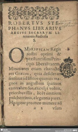 Robertus Stephanus Librarius Regius Sacrarum Literarum studiosis S.