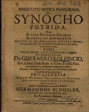 Dissertatio Medica Inauguralis, De Synocho Putrida