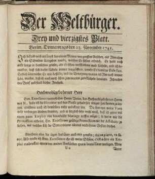 Drey und vierzigstes Blatt. Berlin, Donnerstags den 23. November 1741.