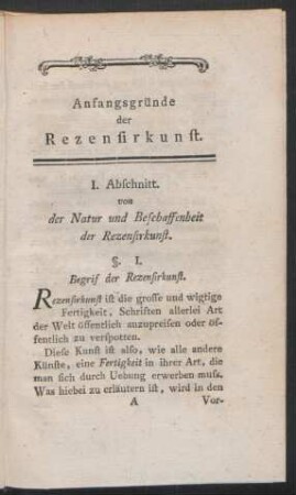 I. Abschnitt. von der Natur und Beschaffenheit der Rezensirkunst