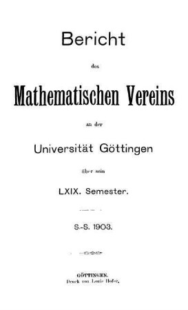 69.1903: Bericht des Mathematischen Vereins an der Universität Göttingen