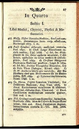Sectio I. Libri Medici, Chymici, Physici & Mathematici.