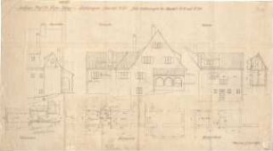 Fischer, Theodor; Icking - Schlederloh (Isartal); Landhaus Theodor Fischer - Grundriss UG, Grundriss Hochparterre, Grundriss DG, Ost, - West - u. Nordseite (Ansichten)