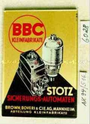 Taschenspiegel mit Werbeaufdruck "BBC KLEINFABRIKATE - STOTZ SICHERUNG-AUTOMATEN" (Abbildung zweier Sicherungsautomaten)