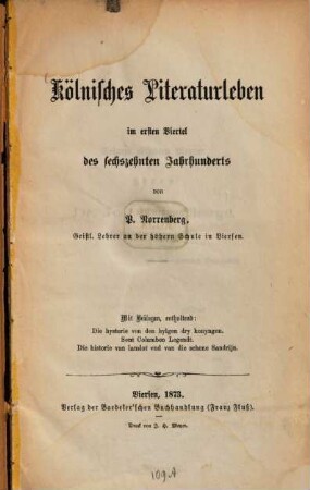Kölnisches Literaturleben im ersten Viertel des sechzehnten Jahrhunderts