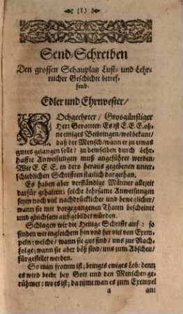 Der Grosse Schau-Platz Lust- und Lehrreicher Geschichte, 1. Das erste hundert : Mit vielen merkwürdigen Erzehlungen, klugen Sprüchen ...