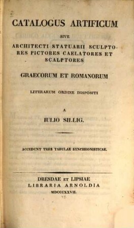 Catalogus artificum, sive Architecti, statuarii, sculptores, pictores, caelatores et scalptores Graecorum et Romanorum