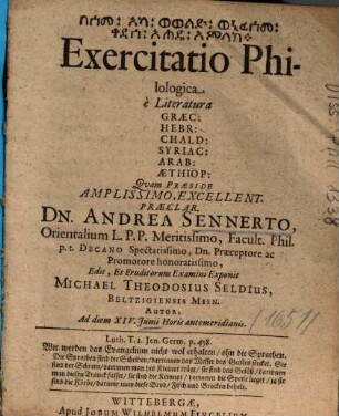 Exercitatio Philologica è Literatura Graec. Hebr. Chald. Syriac. Arab. Aethiop.