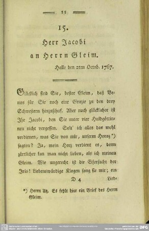 15. Herr Jacobi an Herrn Gleim. Halle den 2ten Octob. 1767