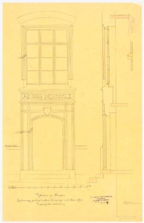Rathaus, Striegau 4. Projekt: Ausführungsentwurf: Hintereingang mit Treppenfenster in Aufriss und Vertikalschnitt, dazu drei Detailprofilschnitte; Maßstabsleiste
