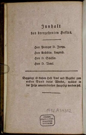 Innhalt des dreyzehenten Heftes.