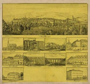 Bilderbogen mit einer größeren Ansicht von Waldheim in Mittelsachsen an der Zschopau und zehn kleineren Ansichten von wichtigen Gebäuden in und um Waldheim