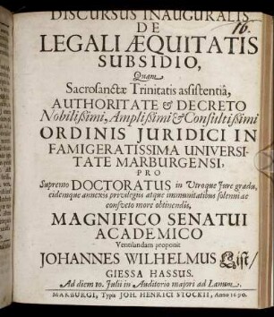 Discursus Inauguralis De Legali Aequitatis Subsidio